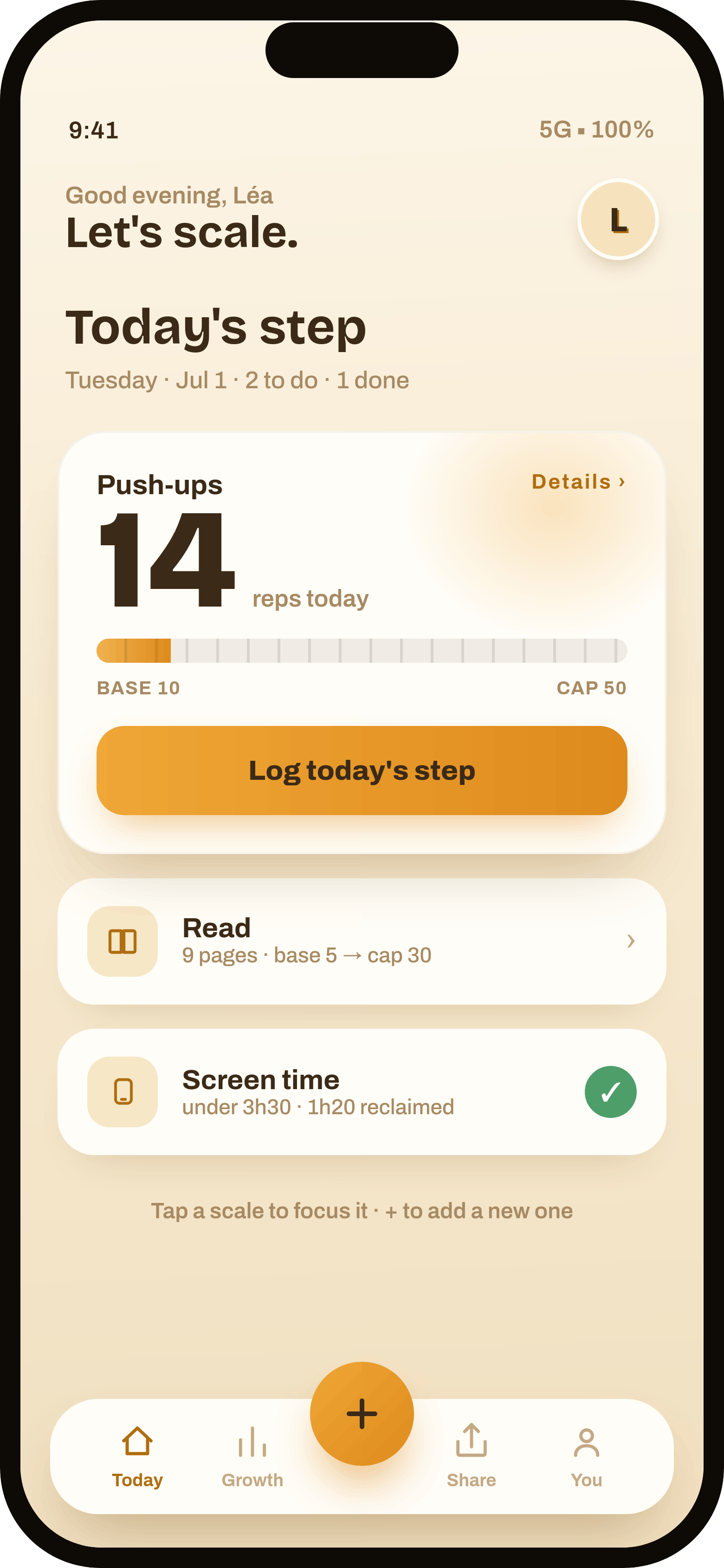 Habit Scaler app: today's scaled targets on the dashboard