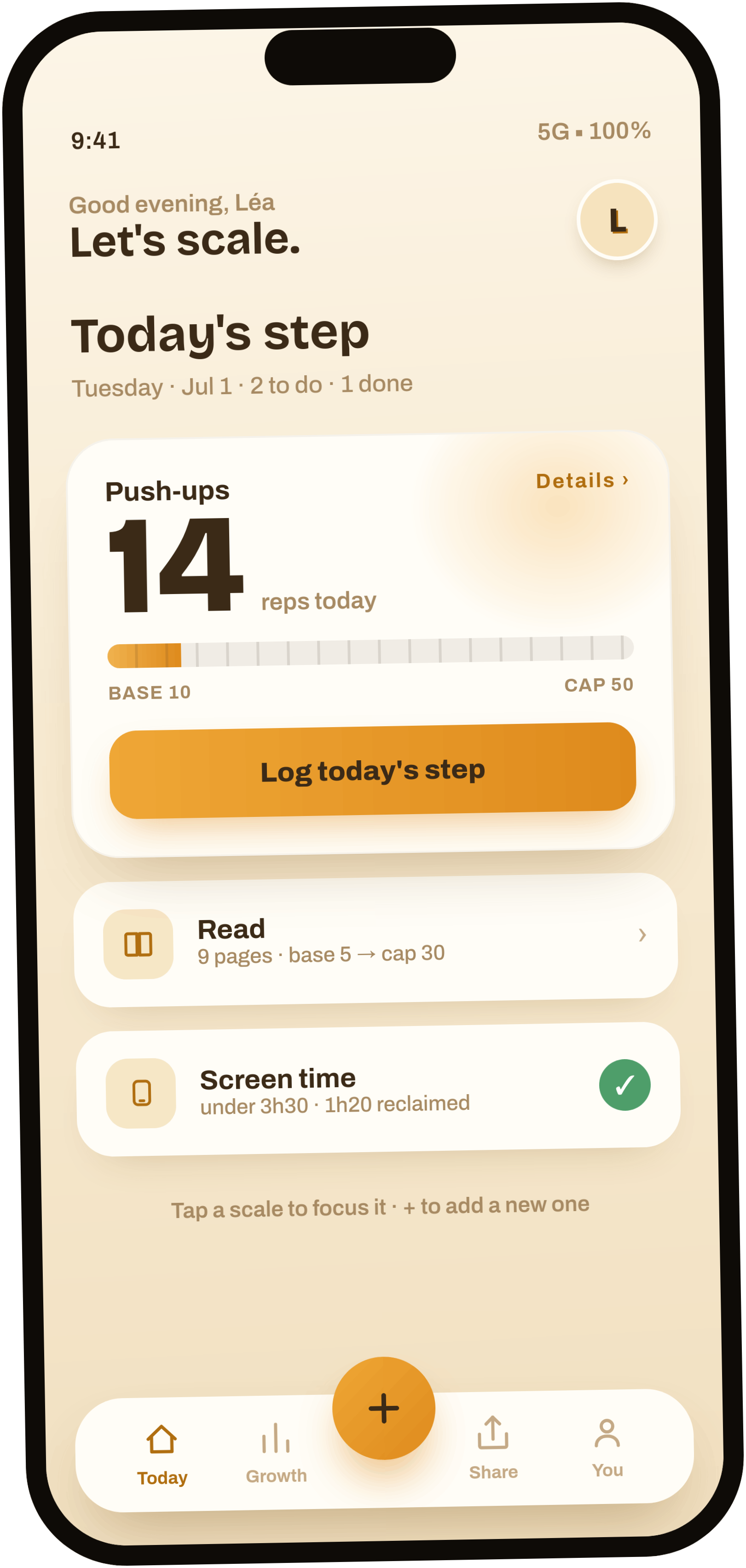 HabitScaler app: today's scaled targets on the dashboard